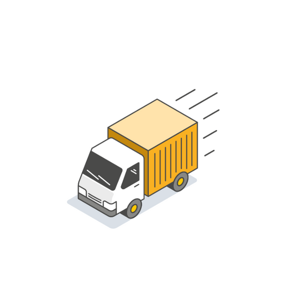 Illustration of a delivery truck with an orange cargo box on a white background